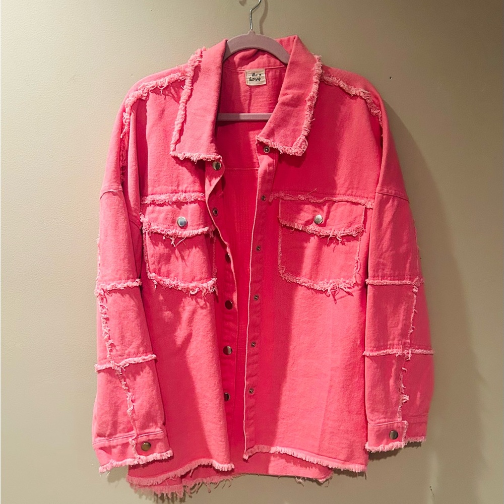 New Boutique Pink Denim“Rock & Roll” Women's Pink Distressed Denim Jacket